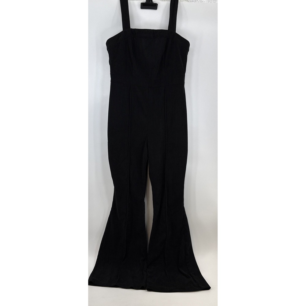 Pink Lily Black Ribbed Romper Women's M Back‎ Zipper Flared Legs